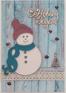 М272 Открытка ручной работы 10х15 см - Веселый снеговик