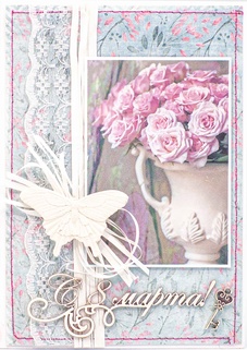 М285 Открытка ручной работы 10х15 см - Розы на 8 марта